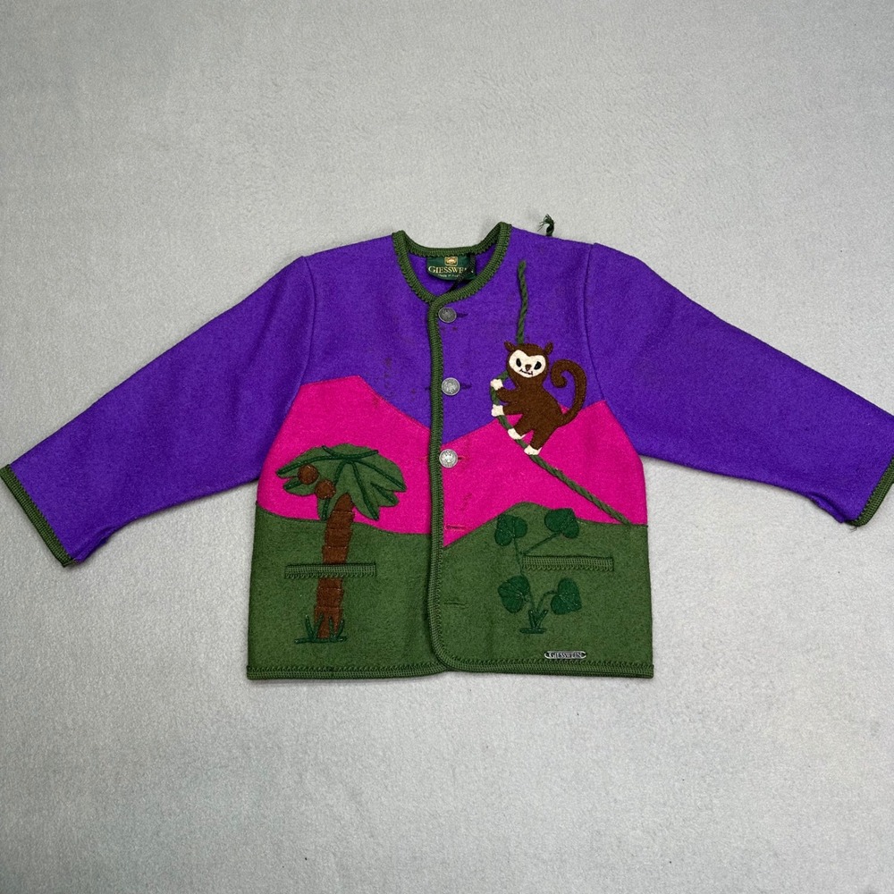 Giesswein‎ Kids Boiled Wool Cardigan Purple Monkey Jungle Austria Made Sz 4 VTG